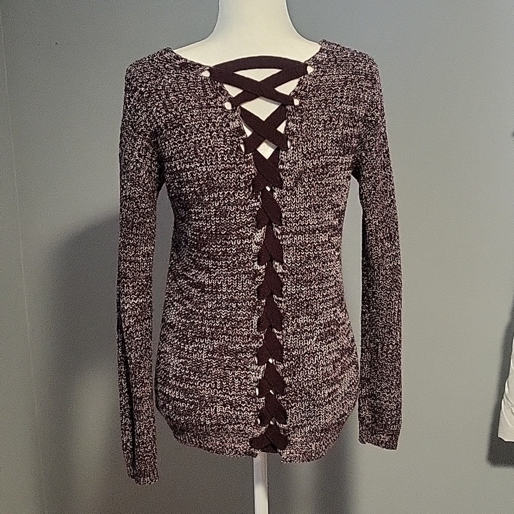 SO V-Neck Lace-Up Back Detail Maroon and White Sweater - Size XS